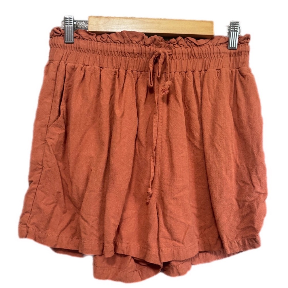 UEU Paperbag Shorts Women Medium Rust Orange Excellent Linen Blend Drawstring - Picture 1 of 6